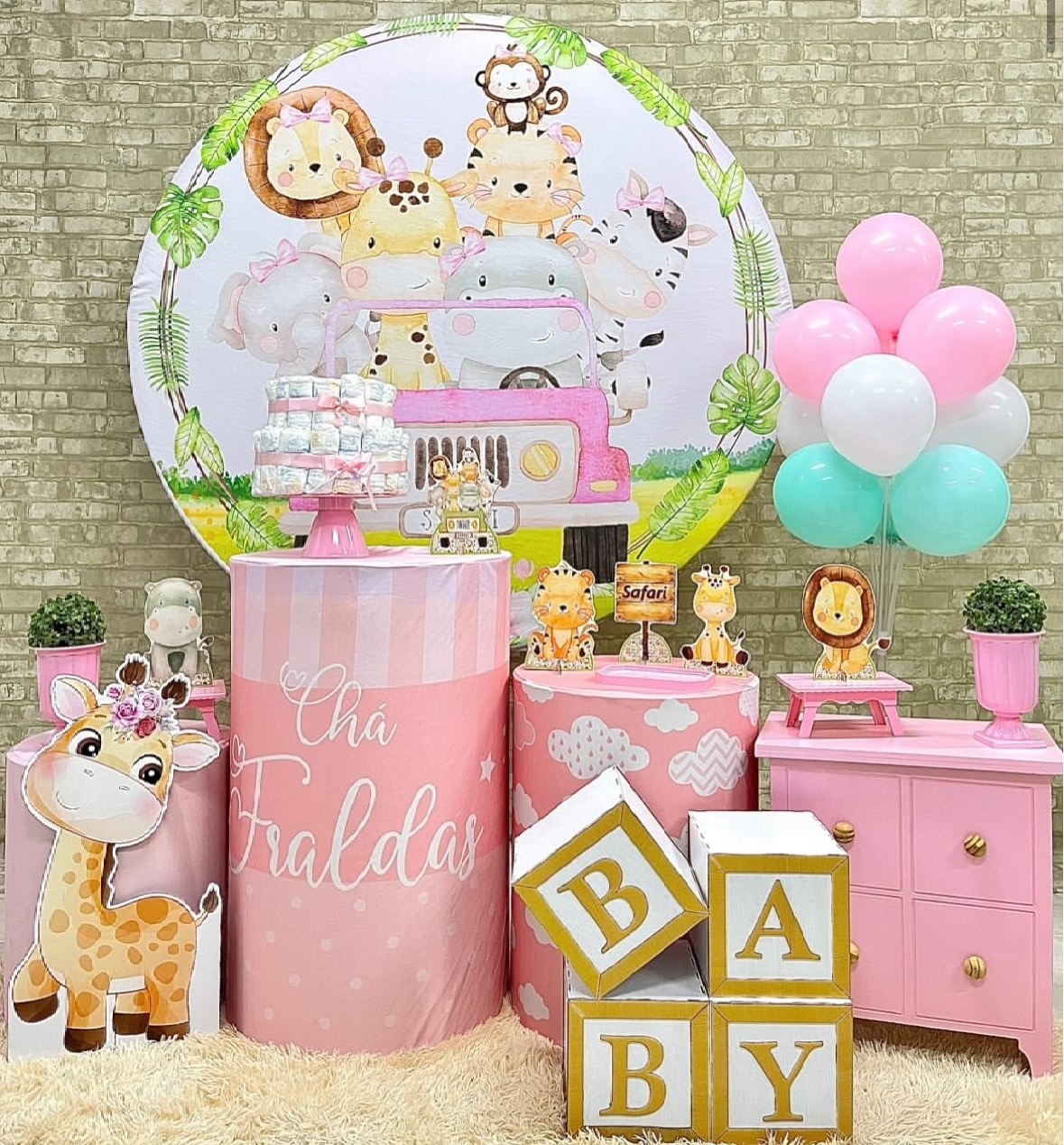 Chá Bebê Safari Menina Com Cubos Baby  - Helpfestas