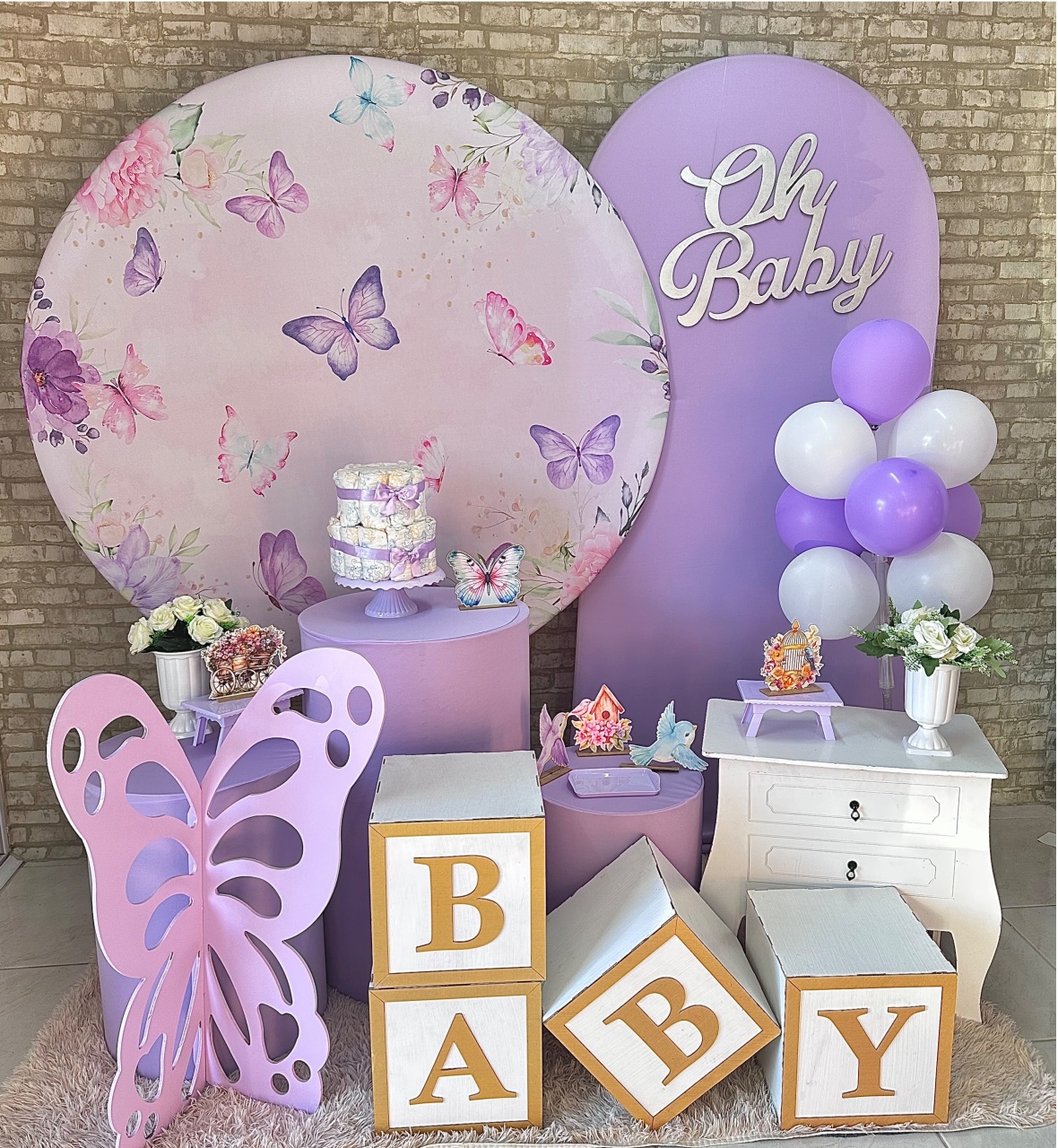 Cha Bebe Borboleta Roxa Painel Lateral E Cubos - Helpfestas