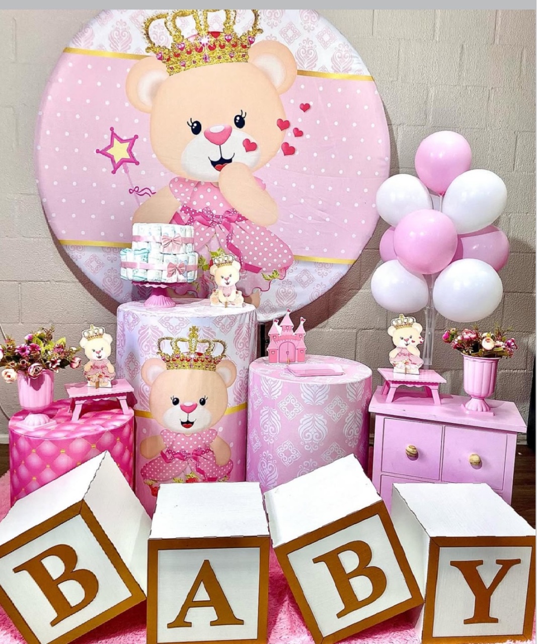 Cha Bebe Ursa Realeza Rosa Com Cubos Baby  - Helpfestas