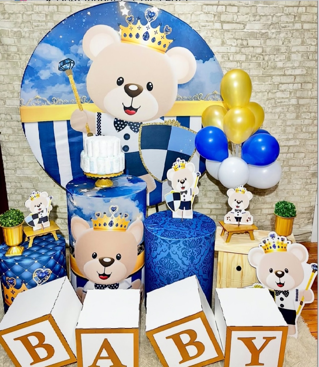 Cha Bebe Realeza Azul Com Dourado Com Cubos Baby  - Helpfestas