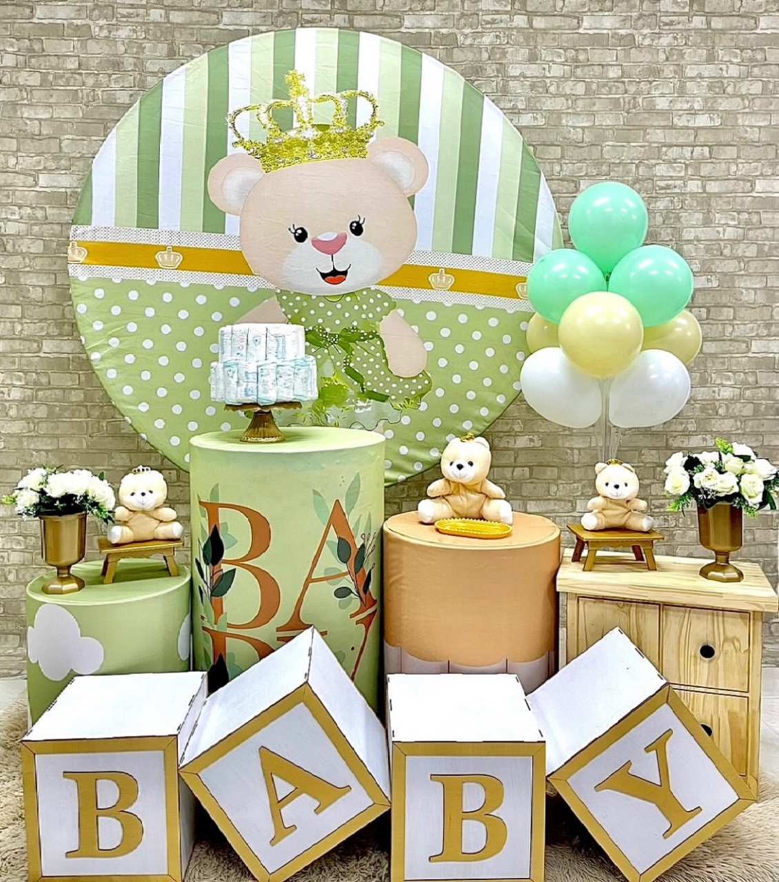 Ursa Bebe Verde Menina Com Cubos Baby  - Helpfestas