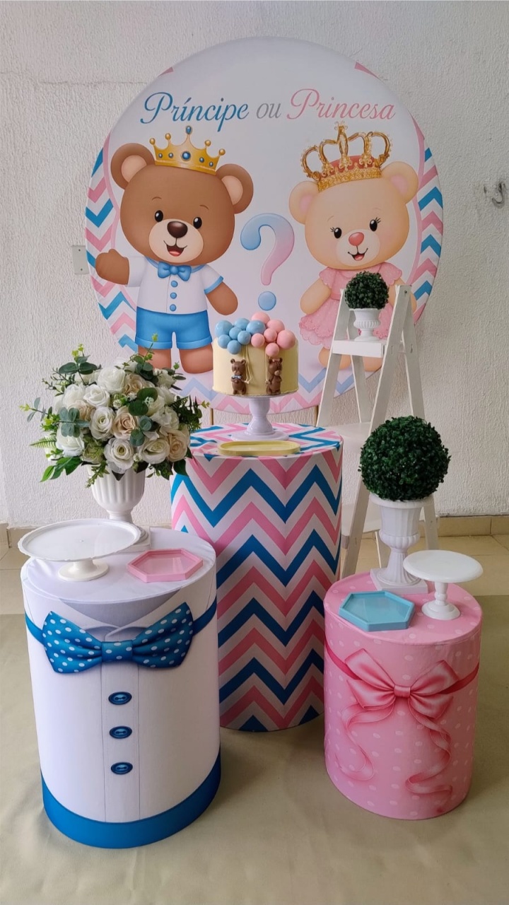 Kit Pegue E Monte Chá de Bebê Ou Revelação Ursos Príncipe Ou Princesa Com Escadinha - Clássico - Neide Locações pegue e Monte 
