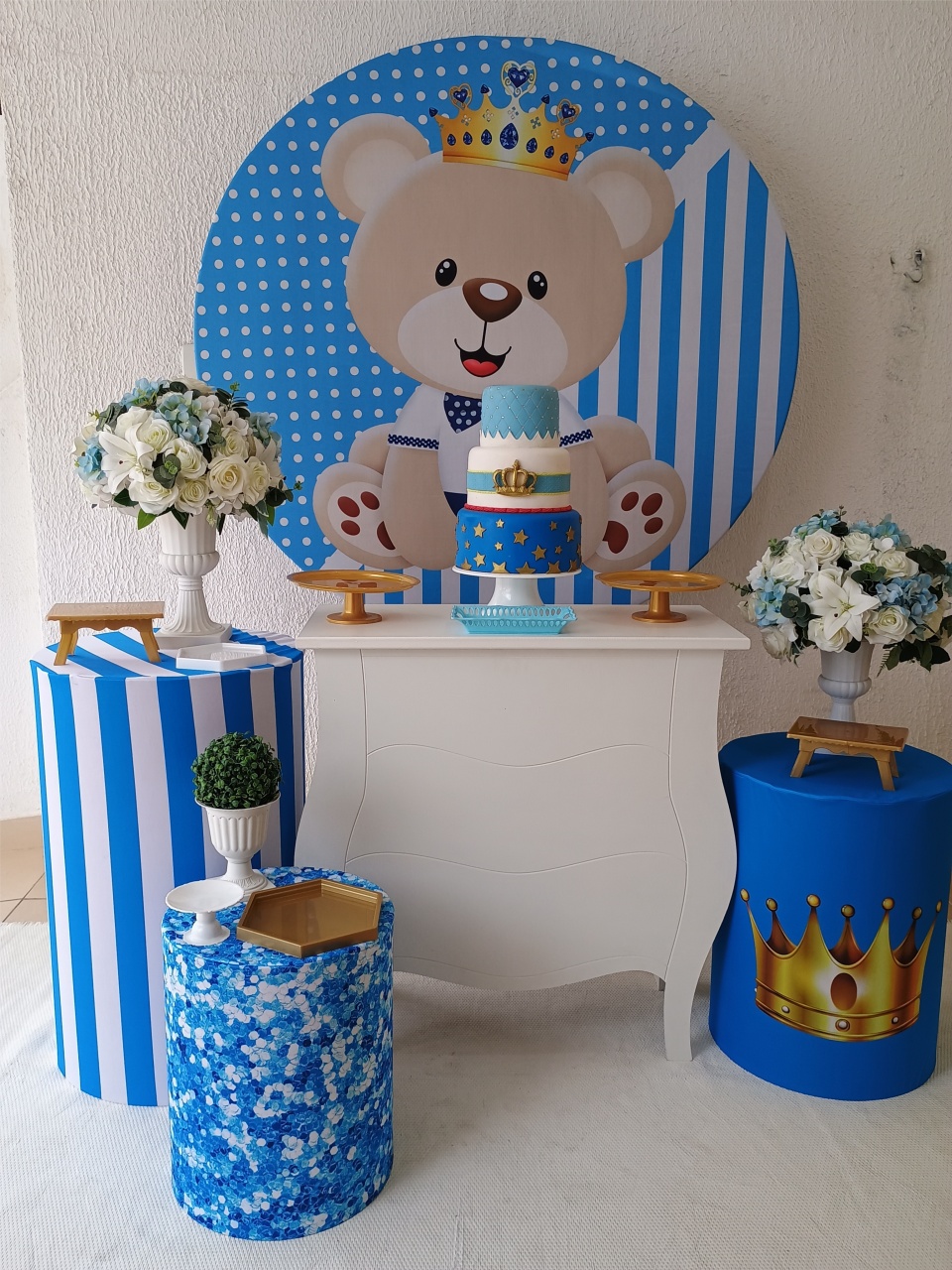 Kit Pegue E Monte Chá de Bebê Menino Urso Realeza Azul Claro - Premium - Neide Locações pegue e Monte 