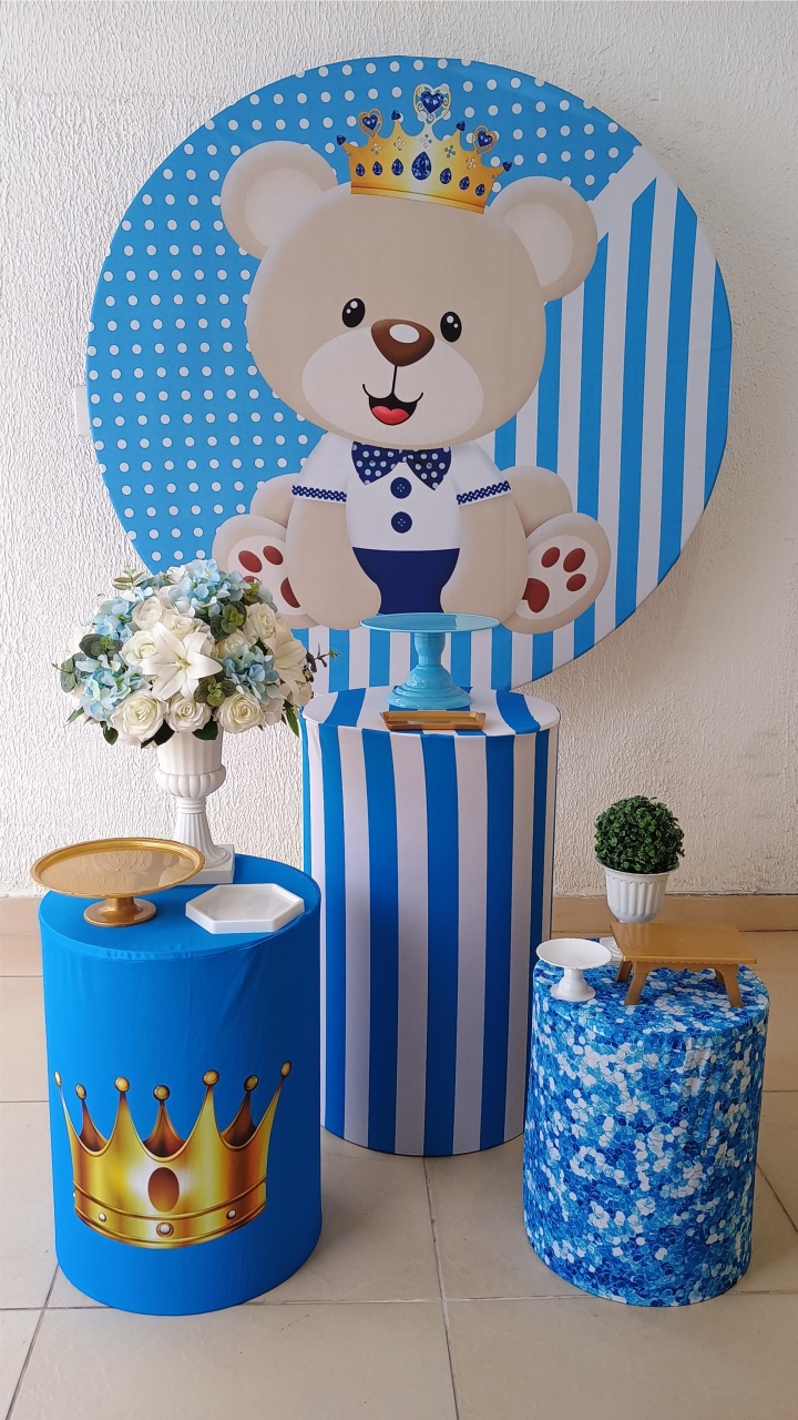 Kit Pegue E Monte Chá de Bebê Menino Urso Realeza Azul Claro - Tradicional - Neide Locações pegue e Monte 