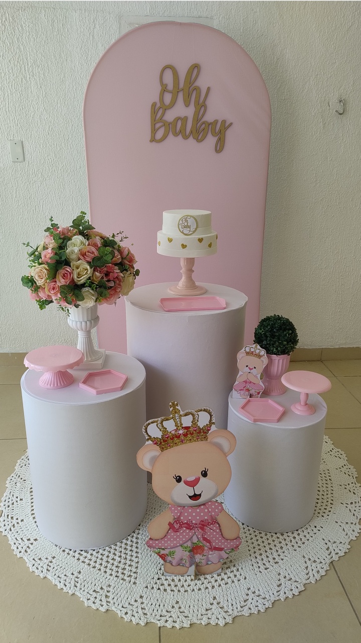 Kit Pegue E Monte Clean Oh Baby Rosa Com Cilindros Capa Lisa Branca E Displays Ursinha Rosa - Neide Locações pegue e Monte 