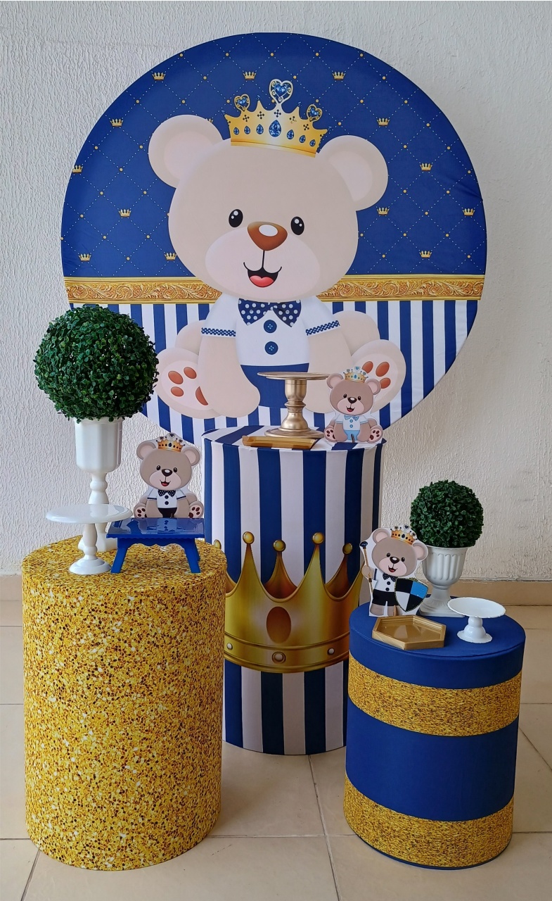 Kit Pegue E Monte Chá de Bebê Menino Urso Realeza Com Display de Mesa- Tradicional - Neide Locações pegue e Monte 