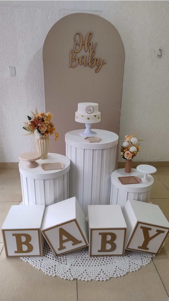 Kit Pegue E Monte Clean Oh Baby Bege Cilindros Ripados E Cubo Baby - Neide Locações pegue e Monte 