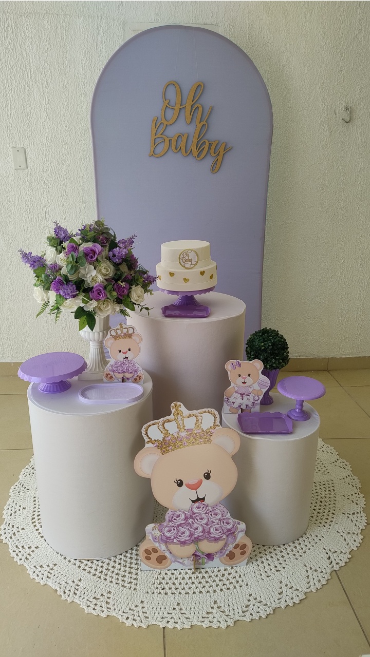 Kit Pegue E Monte Clean Oh Baby Com Cilindros Capa Lisa Branca E Displays de Ursinha Lilás - Neide Locações pegue e Monte 