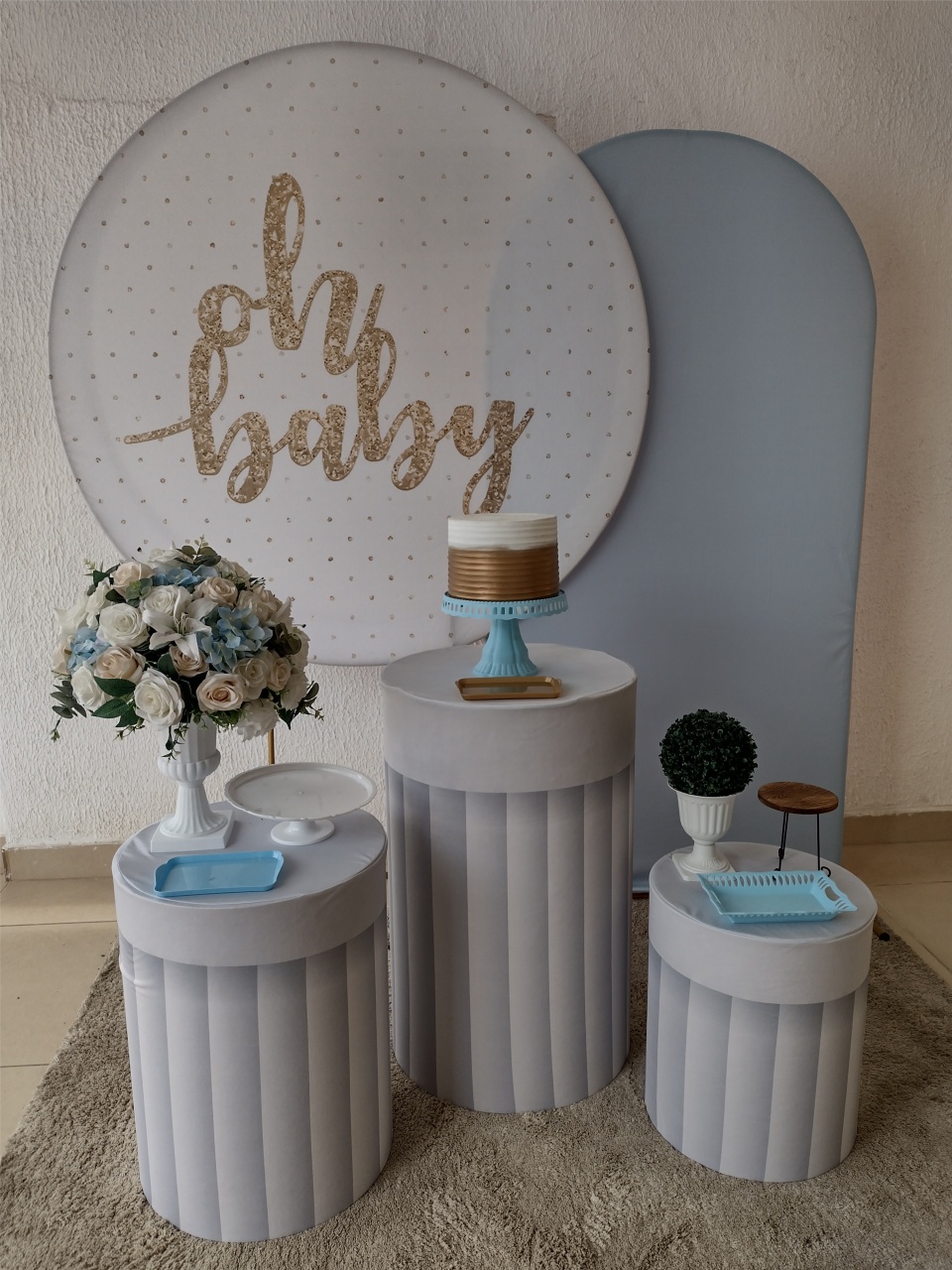 Kit Pegue E Monte Chá de Bebê Menino Oh Baby Azul Com Painel Romano - Clássico - Neide Locações pegue e Monte 