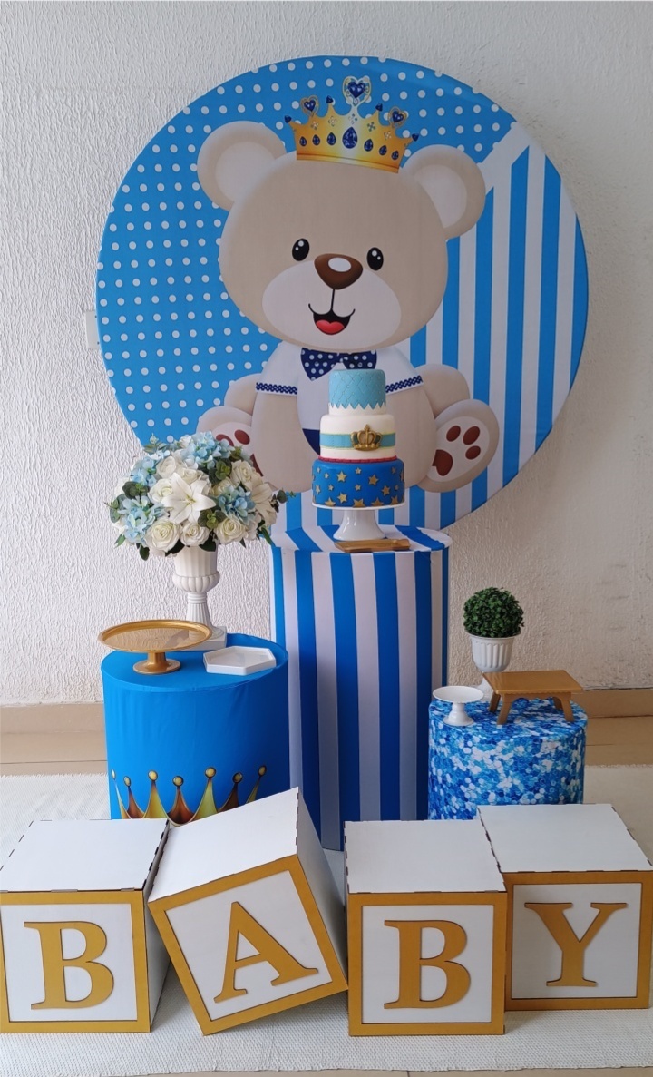 Kit Pegue E Monte Chá de Bebê Menino Urso Realeza Azul Claro Com Cubo Baby - Clássico - Neide Locações pegue e Monte 