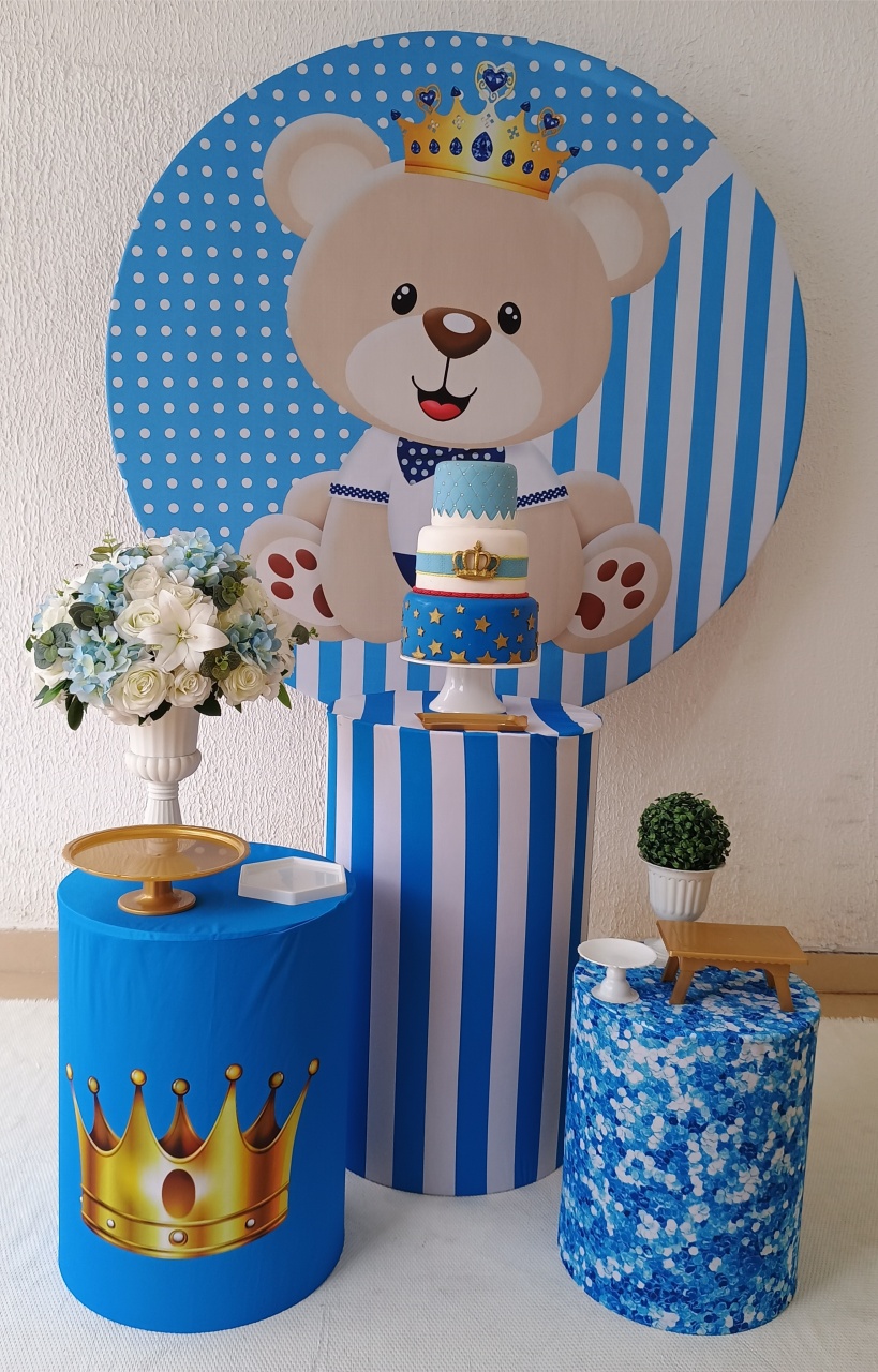 Kit Pegue E Monte Chá de Bebê Menino Urso Realeza Azul Claro - Clássico - Neide Locações pegue e Monte 