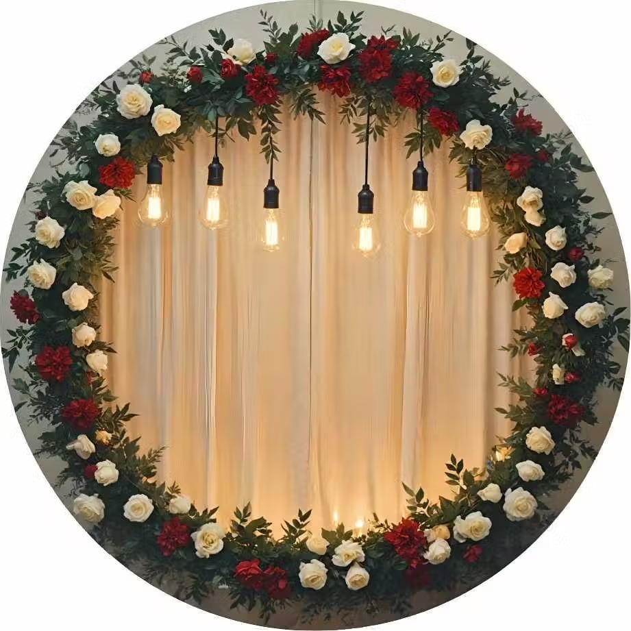Capa Painel Redondo Floral Romântico Branco E Marsala - Casamento Noivado Bodas - Neide Locações pegue e Monte 