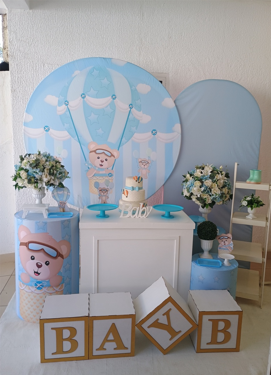 Kit Pegue E Monte Chá de Bebê Menino Urso Baloeiro Com Display E Cubo Baby - Luxo - Neide Locações pegue e Monte 