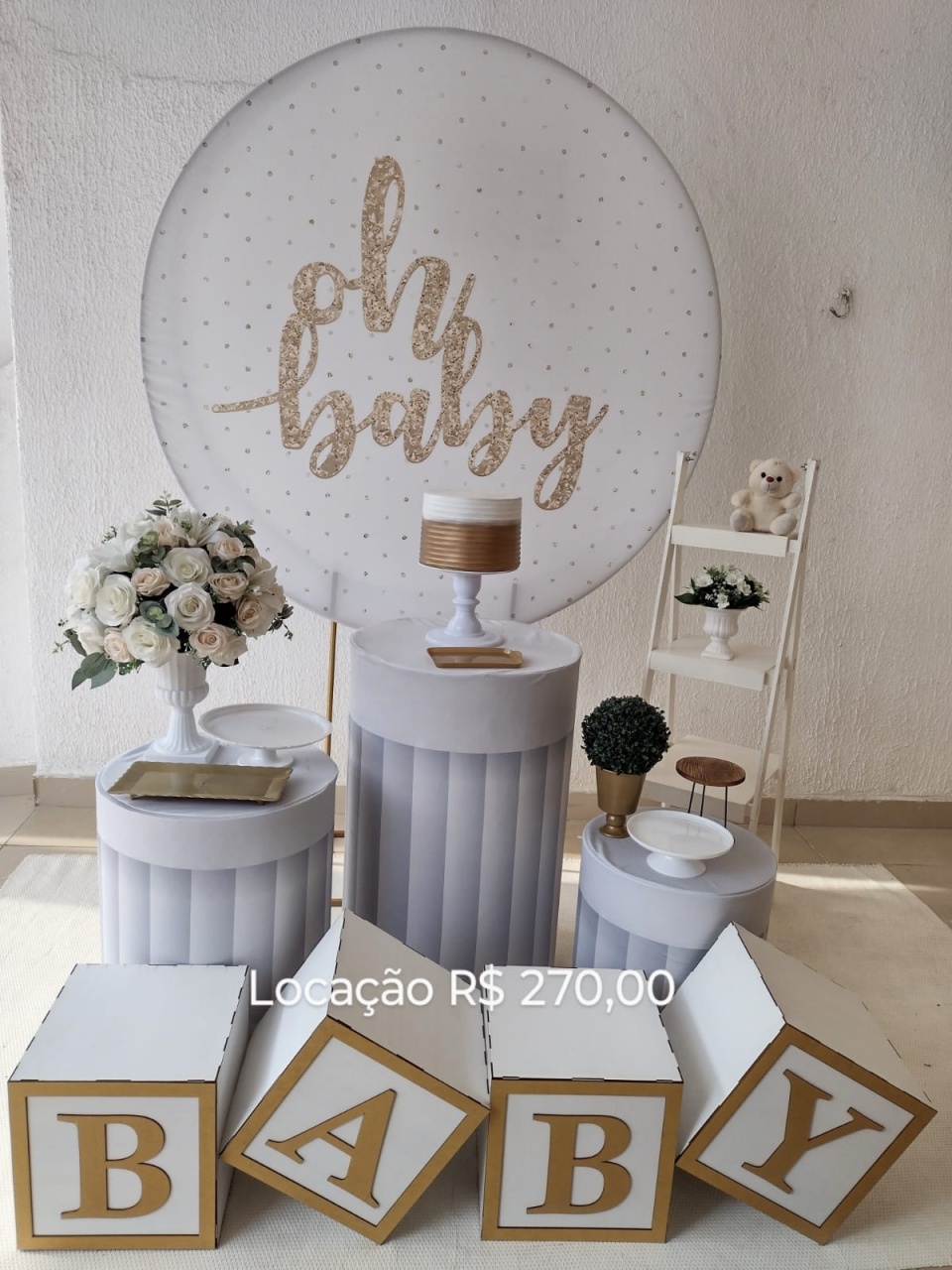 Kit Pegue E Monte Chá de Bebê Ou Chá Revelação Oh Baby Com Cubo Baby E Escadinha - Tradicional - Neide Locações pegue e Monte 