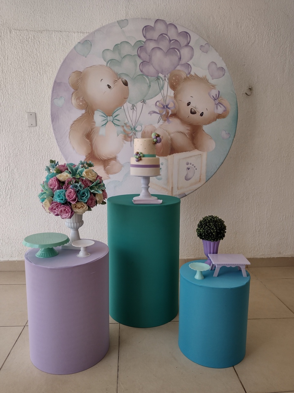 Kit Pegue E Monte Chá de Bebê Ursinhos Baby Aquarela Com Balões - Clássico - Neide Locações pegue e Monte 