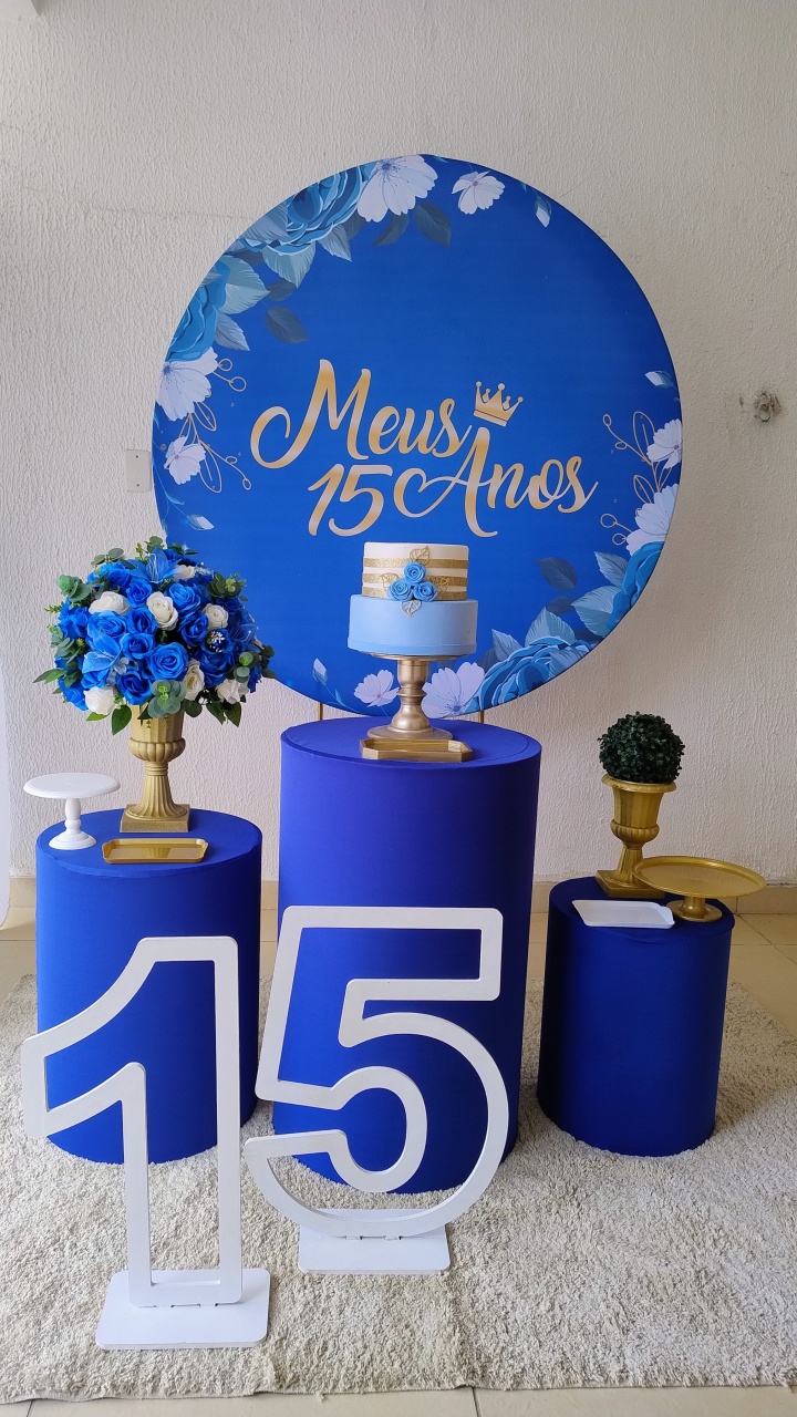 Kit Pegue E Monte Meus 15 Anos Azul, Dourado E Branco Com Número 15 Em Mdf Branco - Clássico - Neide Locações pegue e Monte 
