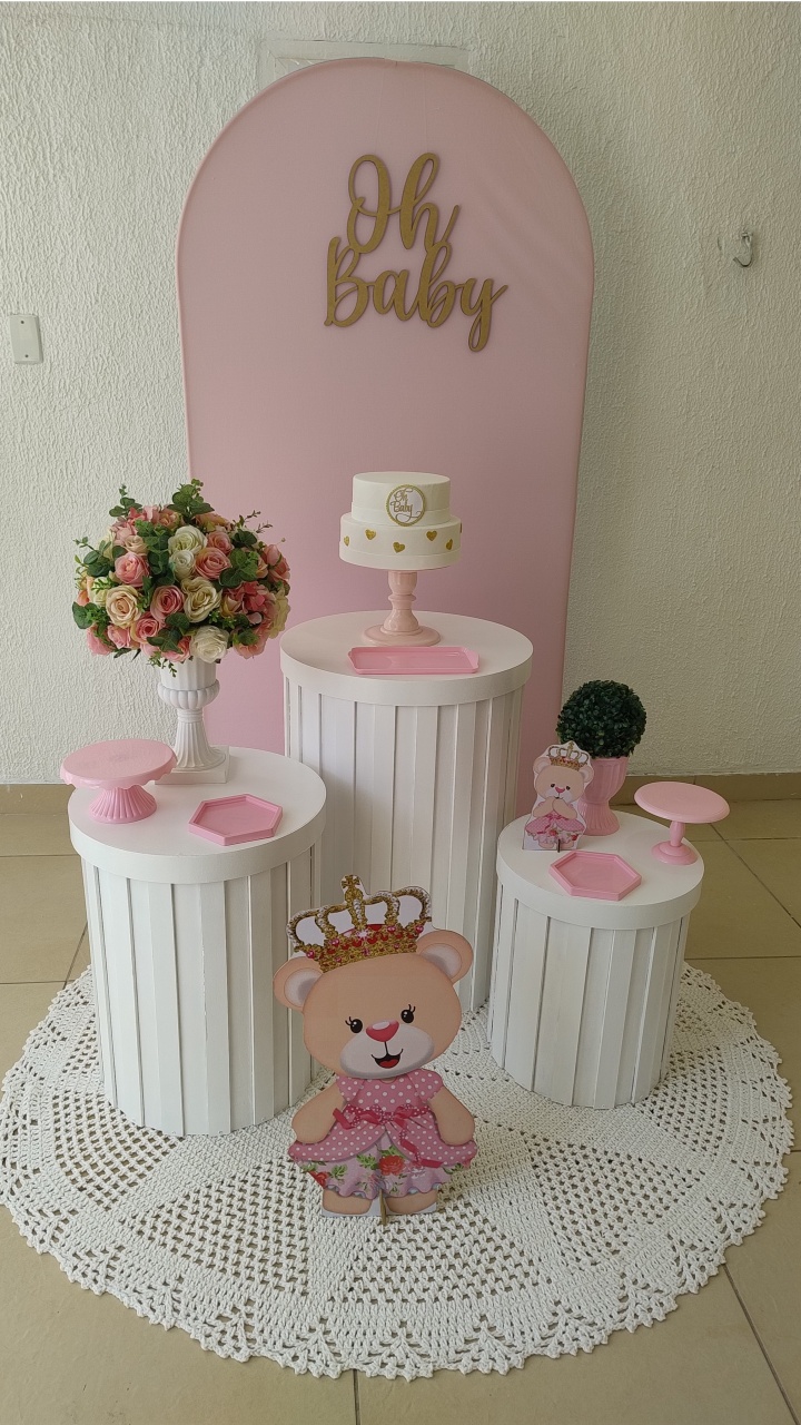 Kit Pegue E Monte Clean Oh Baby Rosa Com Cilindros Ripados E Displays Ursinha Rosa - Neide Locações pegue e Monte 