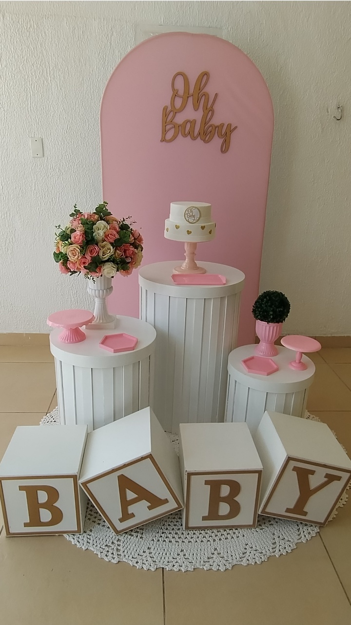 Kit Pegue E Monte Clean Oh Baby Rosa Com Cilindros Ripados E Cubo Baby - Neide Locações pegue e Monte 