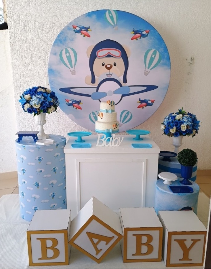 Kit Pegue E Monte Chá de Bebê Menino Urso Aviador Com Cubo Baby - Premium - Neide Locações pegue e Monte 