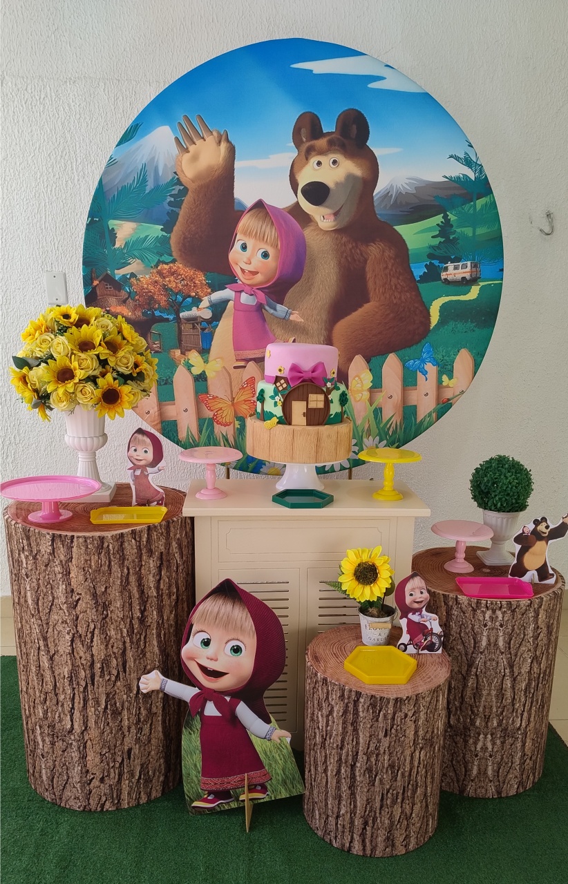 Kit Pegue E Monte Mesa Cômoda Bege Masha E O Urso Com Displays Versão Masha - Premium - Neide Locações pegue e Monte 
