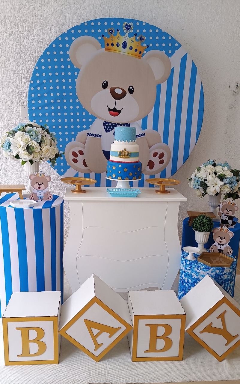 Kit Pegue E Monte Chá de Bebê Menino Urso Realeza Azul Claro Com Cubo Baby - Premium - Neide Locações pegue e Monte 