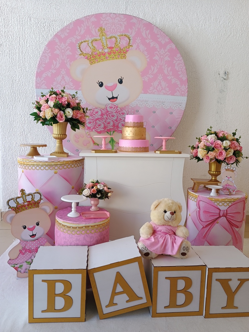 Kit Pegue E Monte Chá de Bebê Menina Ursinha Rosa Com Cubo Baby- Premium - Neide Locações pegue e Monte 