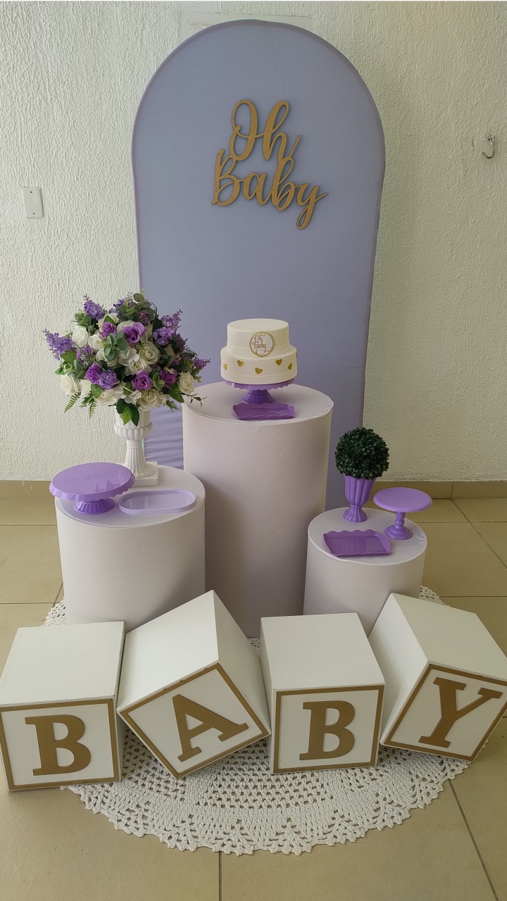 Kit Pegue E Monte Clean Oh Baby Lilás Com Cilindros Capa Lisa Branca E Cubo Baby - Neide Locações pegue e Monte 