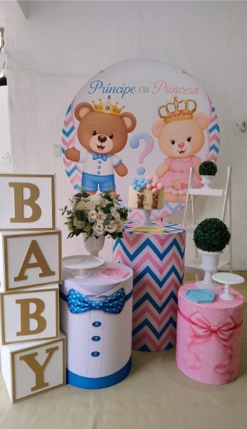 Kit Pegue E Monte Chá de Bebê Ou Revelação Ursos Príncipe Ou Princesa Com Cubo Baby E Escadinha - Clássico - Neide Locações pegue e Monte 