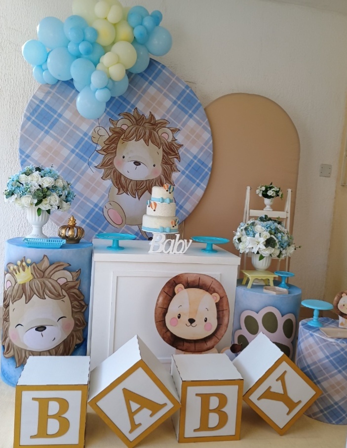 Kit Pegue E Monte Chá de Bebê Menino Leão Xadrez Com Mini Arco de Balões E Cubo Baby - Luxo - Neide Locações pegue e Monte 