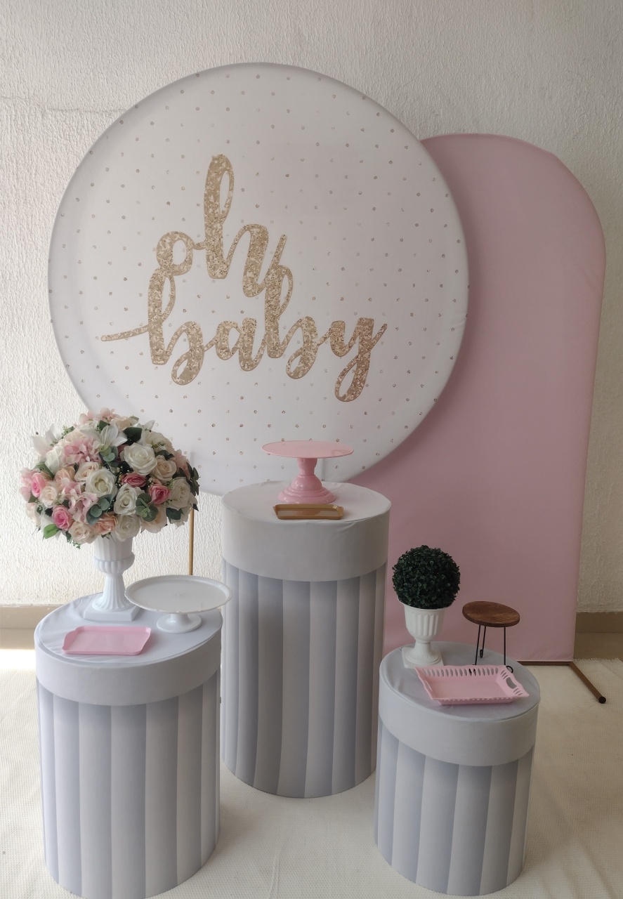 Kit Pegue E Monte Chá de Bebê Menina Oh Baby Rosa Com Painel Romano - Tradicional - Neide Locações pegue e Monte 