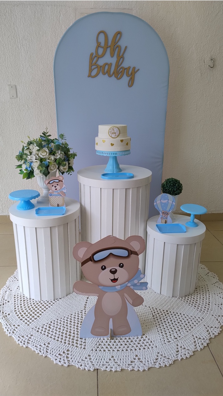 Kit Pegue E Monte Clean Oh Baby Azul Com Cilindros Ripados E Displays Urso Baloeiro - Neide Locações pegue e Monte 