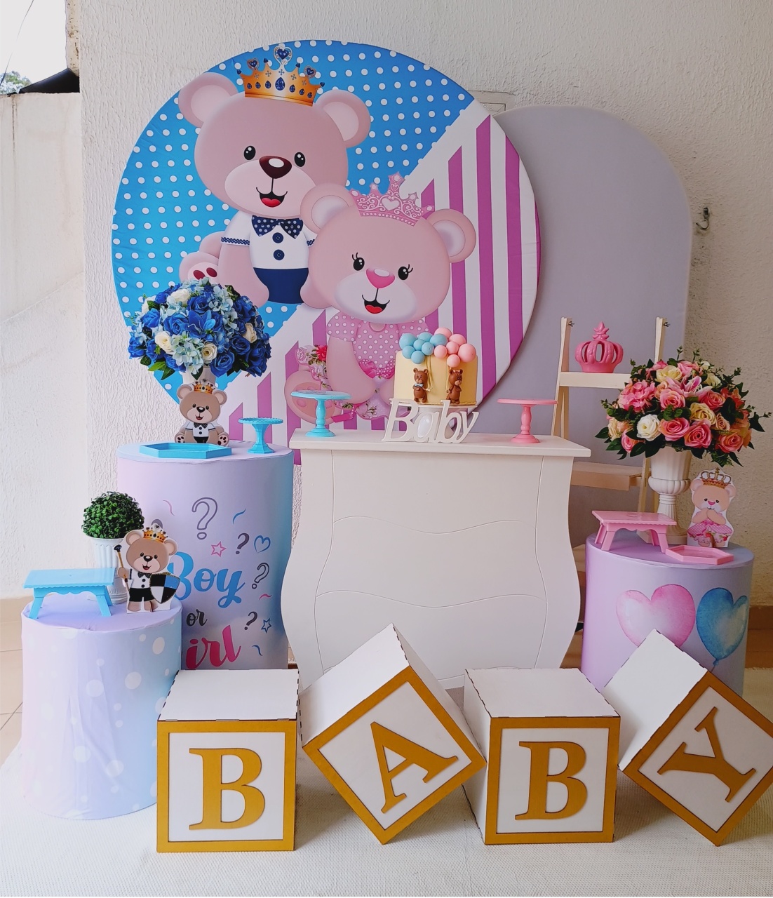 Kit Pegue E Monte Chá de Bebê Ou Chá Revelação Ursos Boy Or Girl Com Cubo Baby - Luxo - Neide Locações pegue e Monte 