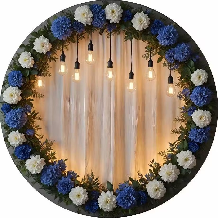 Capa Painel Redondo Floral Romântico Branco E Azul - Neide Locações pegue e Monte 