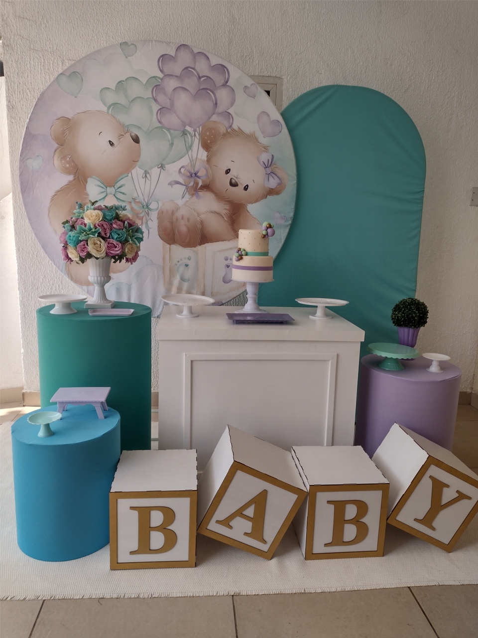 Kit Pegue E Monte Chá de Bebê Ursinhos Baby Aquarela Com Balões Com Cubo Baby E Painel Romano- Premium - Neide Locações pegue e Monte 
