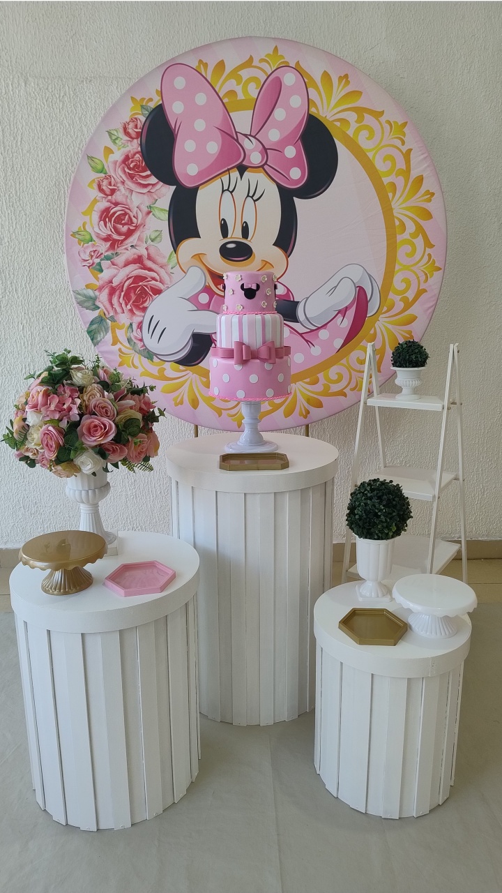 Kit Pegue E Monte Com Escadinha E Cilindros Ripados Minnie Rosa - Clássico - Neide Locações pegue e Monte 