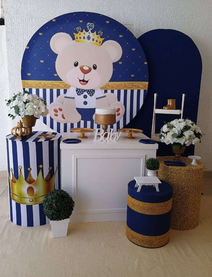 Kit Pegue E Monte Chá de Bebê Menino Urso Realeza Azul Escuro - Luxo - Neide Locações pegue e Monte 