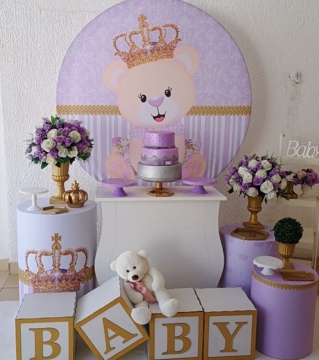 Kit Pegue E Monte Chá de Bebê Menina Ursinha Lilás Com Urso Cubo Baby E Escadinha - Premium - Neide Locações pegue e Monte 