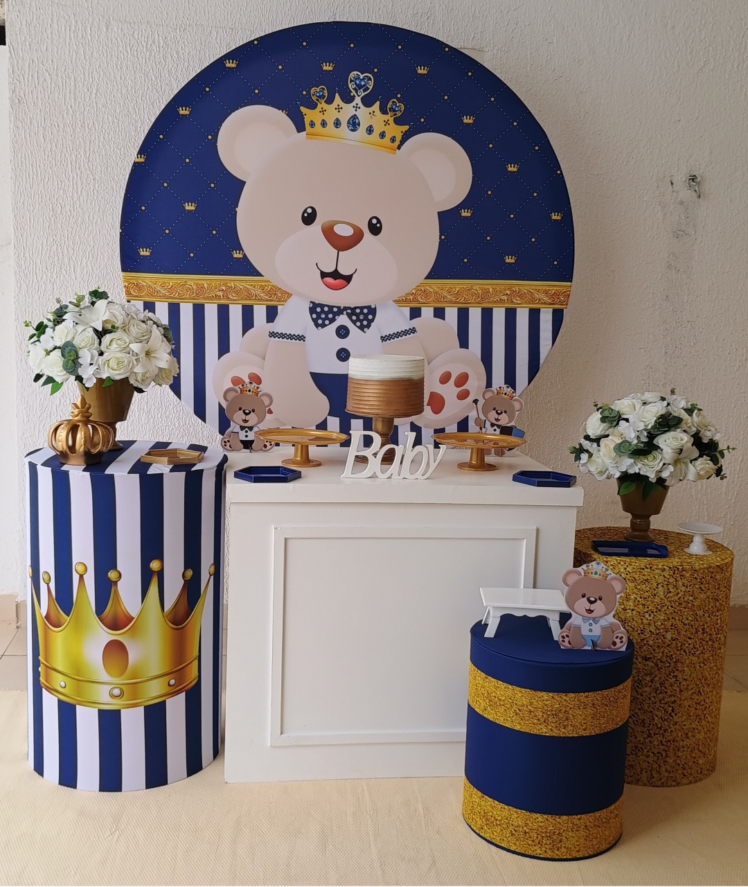 Kit Pegue E Monte Chá de Bebê Menino Urso Realeza Azul Escuro - Premium - Neide Locações pegue e Monte 