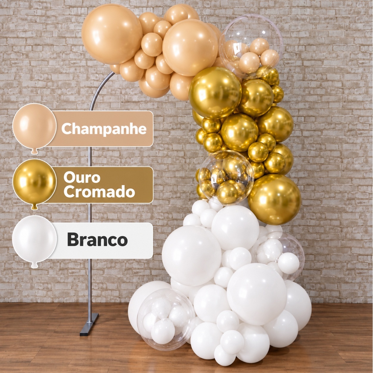 Arco de Balão Pronto Com 3 Metros Linha Luxo Happy Champanhe, Dourado E Branco - Tallentos Decorações 