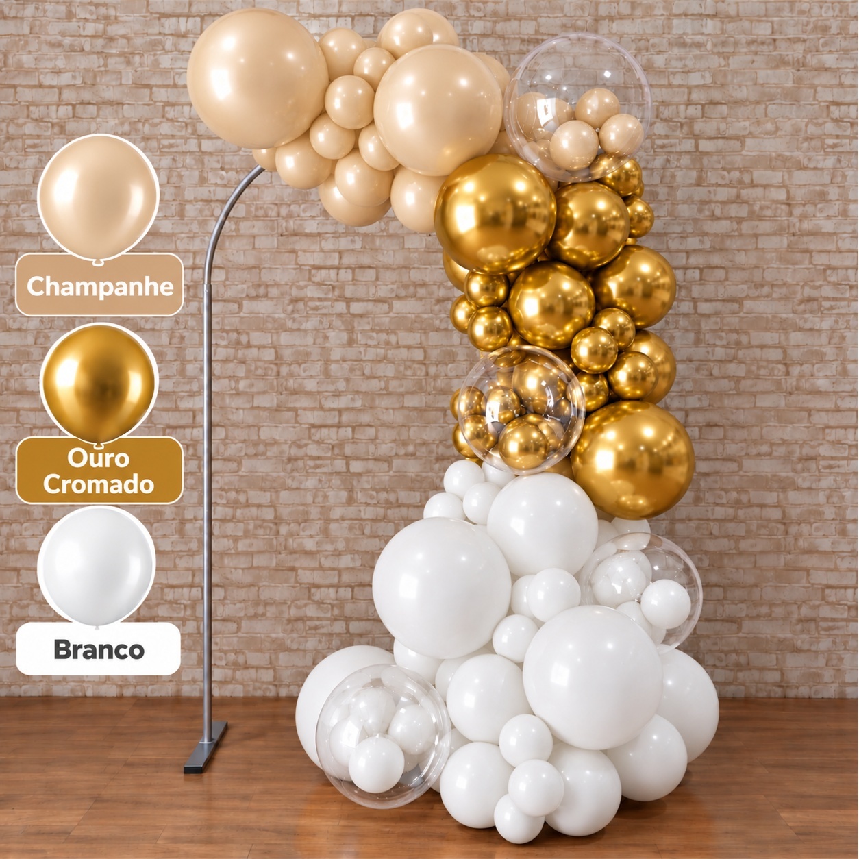 Arco de Balão Pronto Com 3 Metros Linha Luxo Happy Nude Champanhe, Dourado E Branco - Tallentos Decorações 