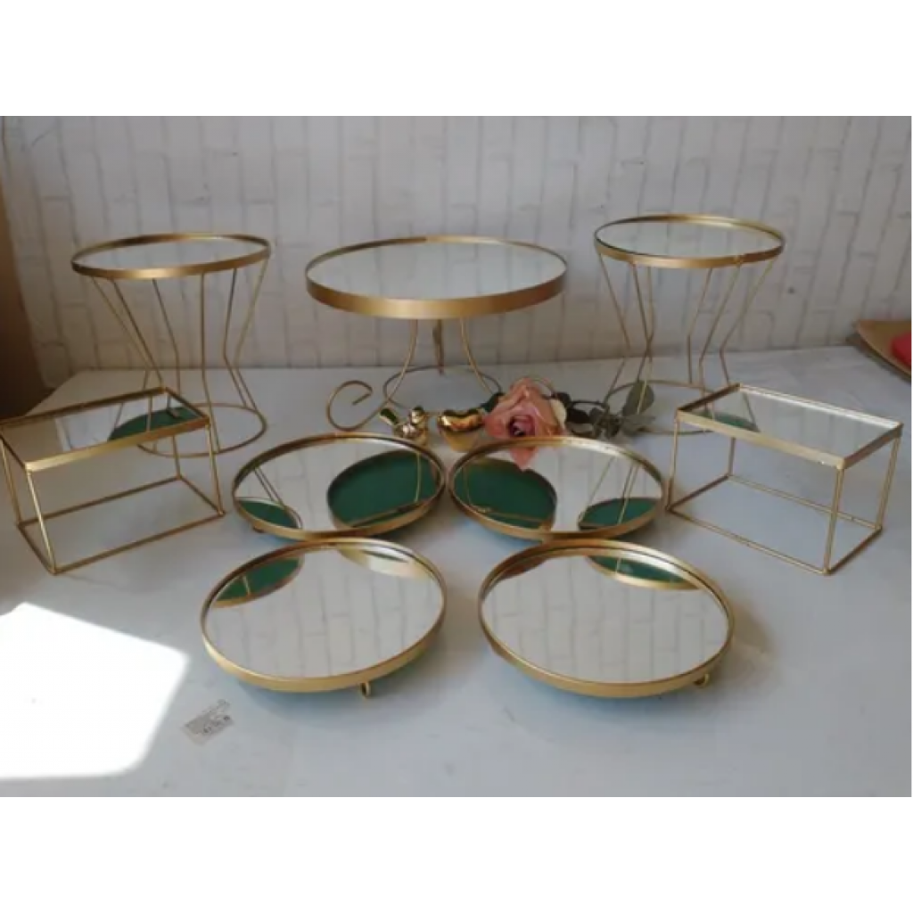 Kit Bandejas E Boleira Espelhadas - Dourada   9 Peças - Tallentos Decorações 