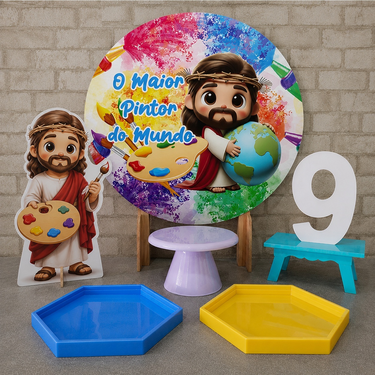 Alugue Tema Para Festa Na Mesa Decoração O Maior Pintor Do Mundo - Jesus ( Modelo 01) - Tallentos Decorações 