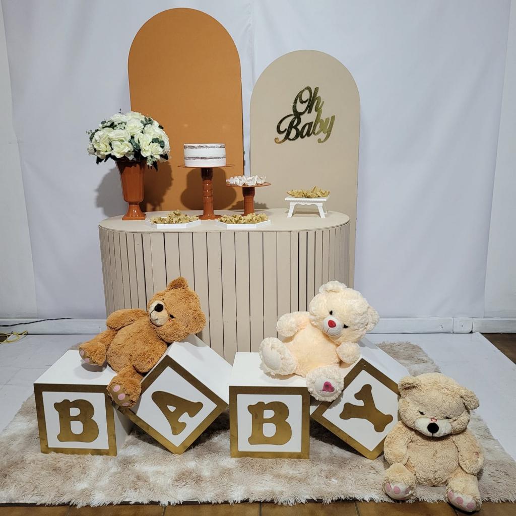 Alugue Tema Para Festa Decoração Chá Revelação Nude Ursinho Tecido (Modelo 01) - Tallentos Decorações 