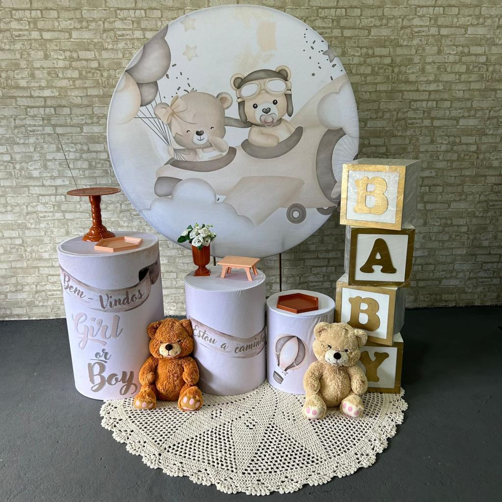 Alugue Tema Para Festa Decoração Chá Revelação Ursinho Aviador Tecido ( Modelo 2 ) - Tallentos Decorações 