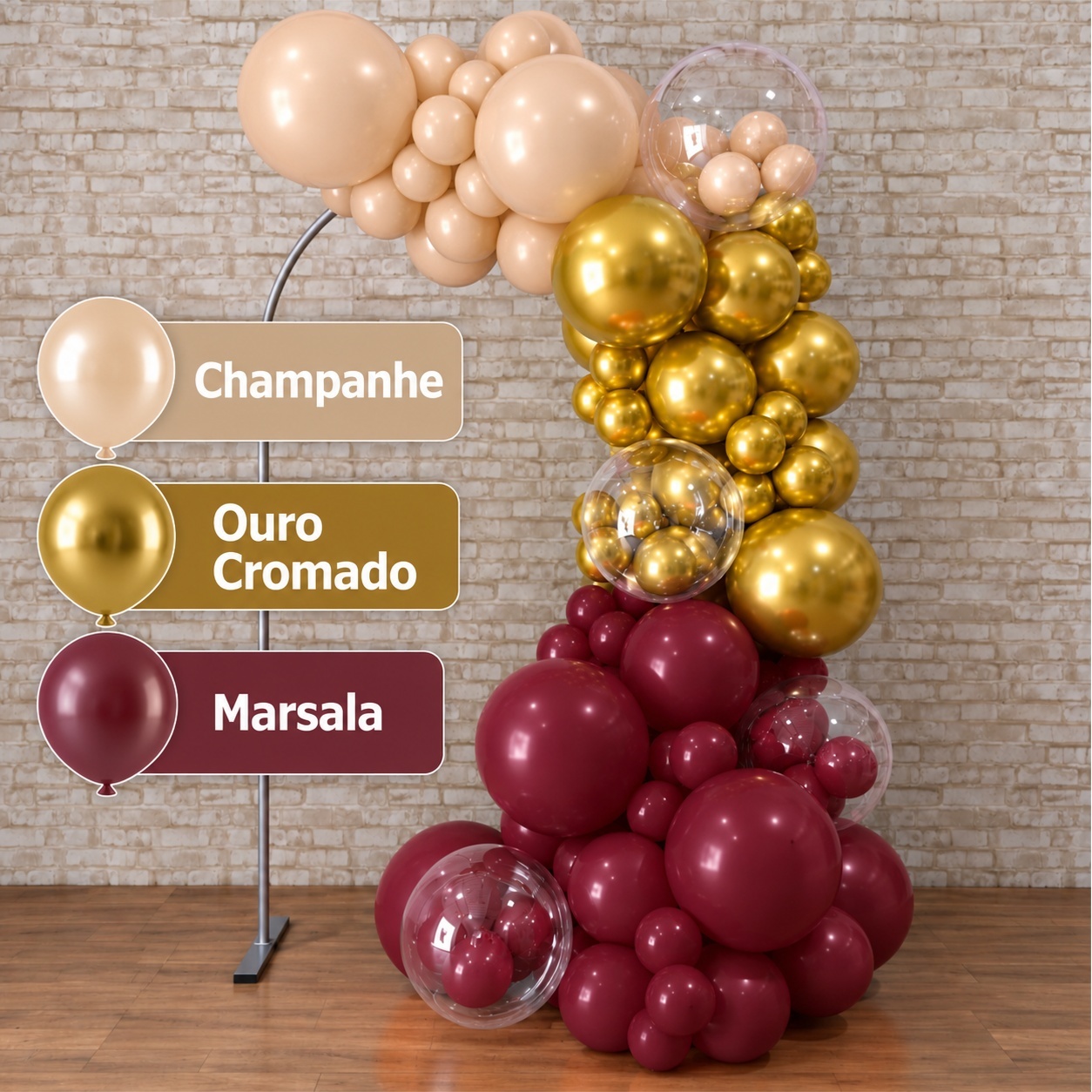 Arco de Balão Pronto Com 3 Metros Linha Luxo Happy Nude Champanhe, Dourado E Marsala - Tallentos Decorações 
