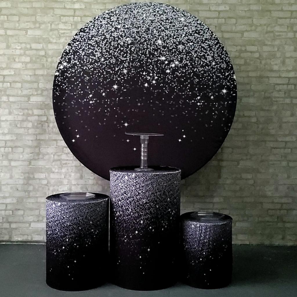 Alugue Tema Para Festa Decoração Glitter Prata Tecido ( Modelo 1 ) - Tallentos Decorações 
