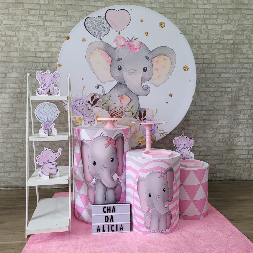 Alugue Tema Para Festa Decoração Elefantinho Rosa Tecido ( Modelo 2 ) - Tallentos Decorações 