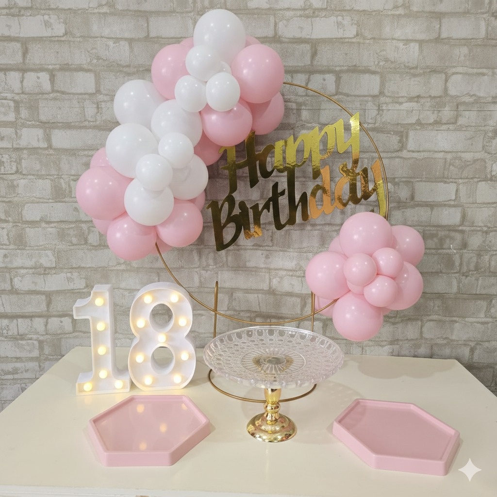 Alugue Tema Para Festa Na Mesa Decoração Happy Rosa Com Branco - Tallentos Decorações 