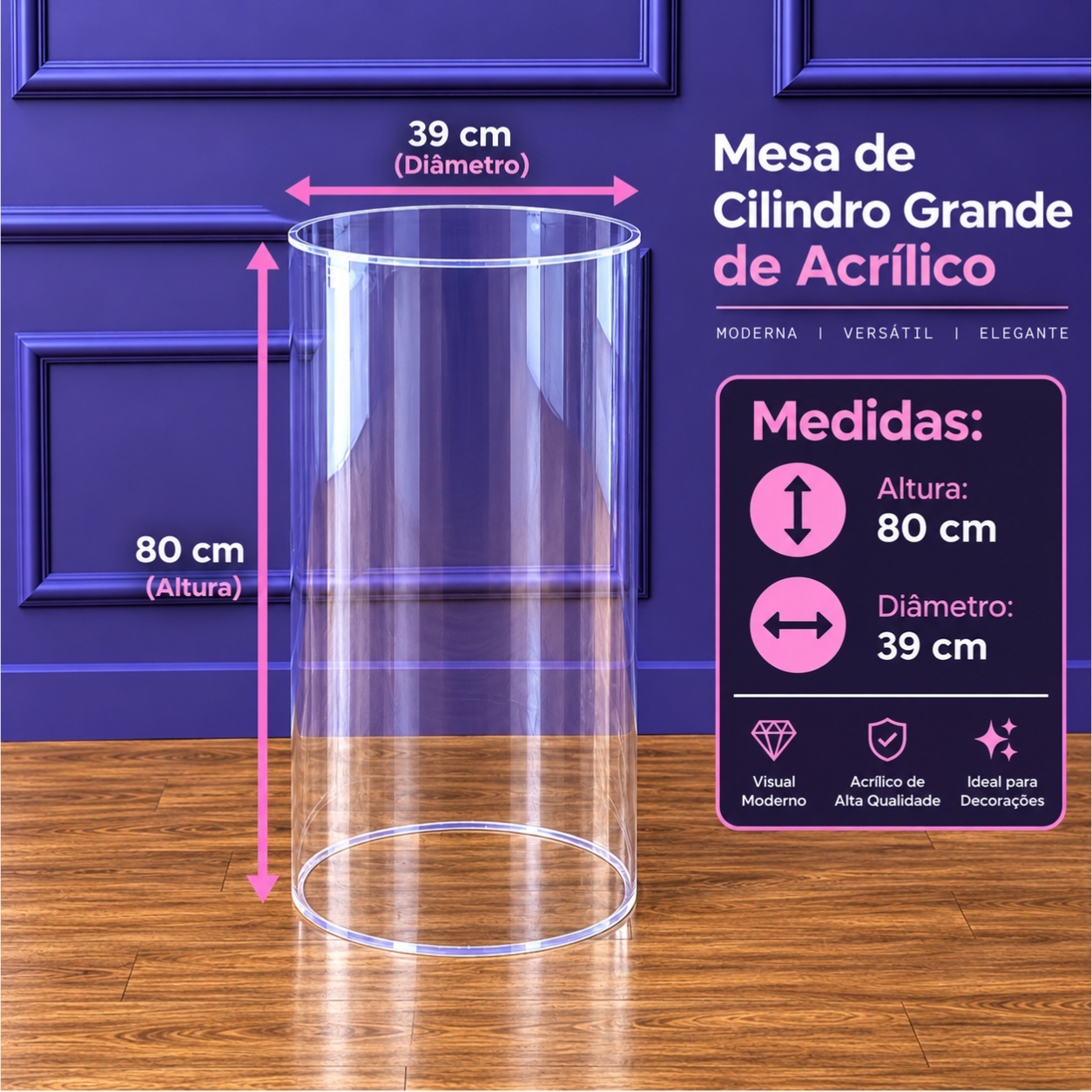 Alugue Mesa Cilindro Acrílico Grande - Tallentos Decorações 