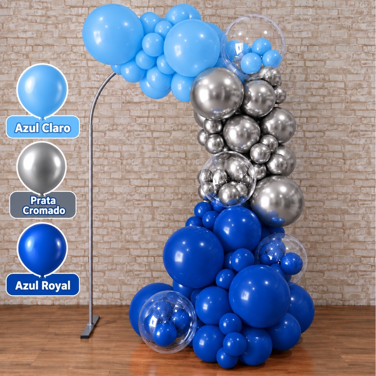 Arco de Balão Pronto Com 3 Metros Linha Luxo Happy Azul Claro, Prata E Azul Royal - Tallentos Decorações 